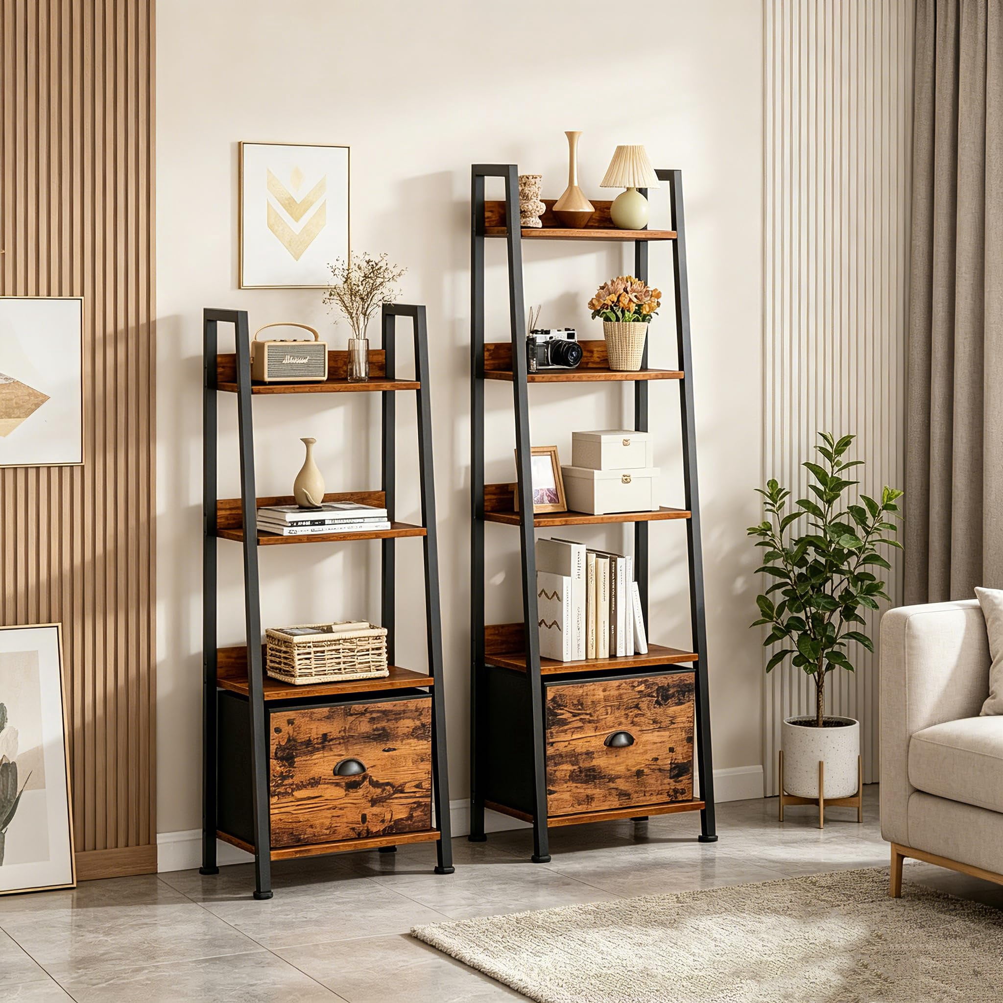 3 Tier Ladder Shelf with Removable Drawer, Bookshelf Bookcase Storage Rack Organizer, Freestanding Storage Shelf for Living Room, Home Office, Bedroom, Brown