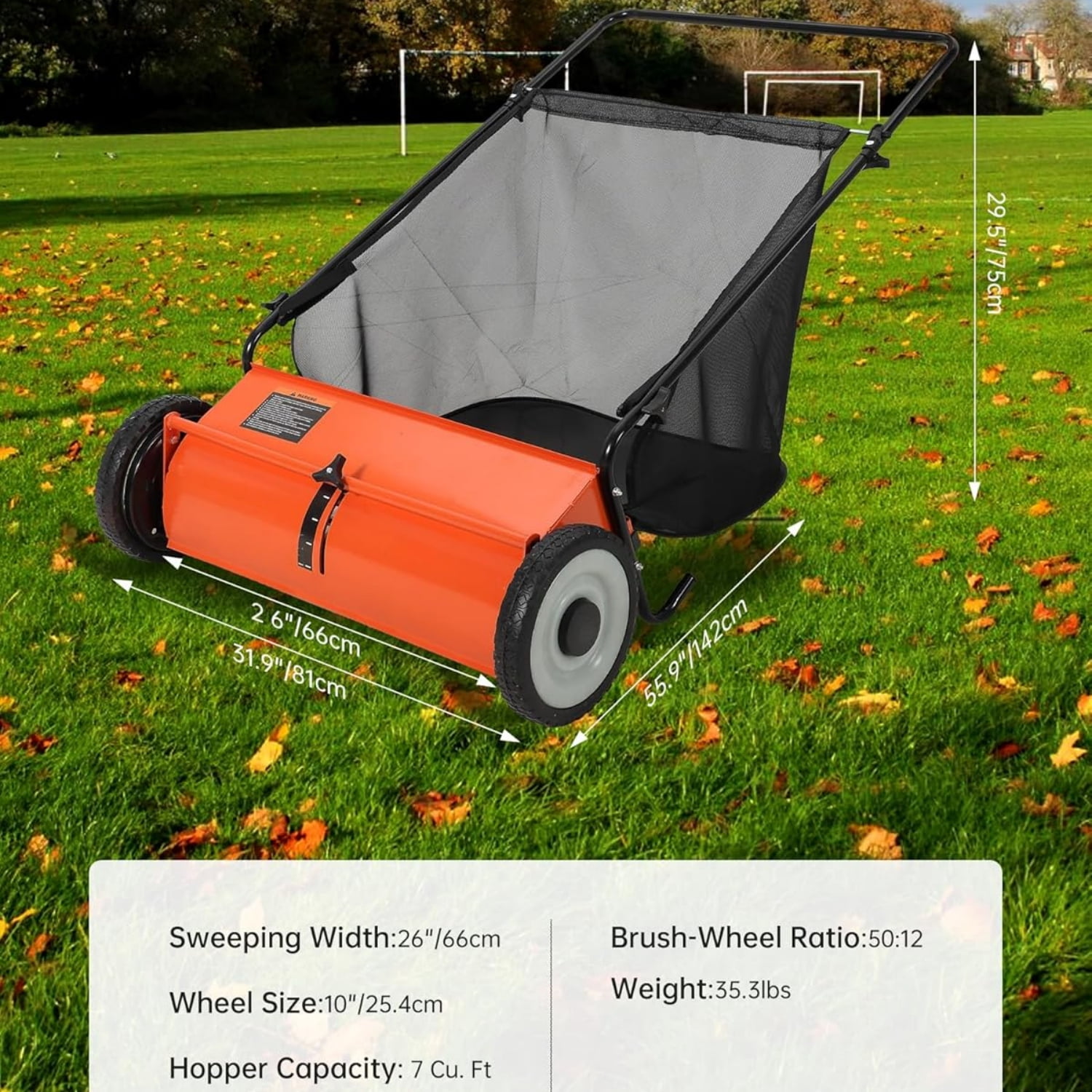 Riedhoff 26" Push Lawn Sweeper,4 Spinning Brushes, 7 Cu. Ft Capacity Collection Bag, Adjustable Height, Orange
