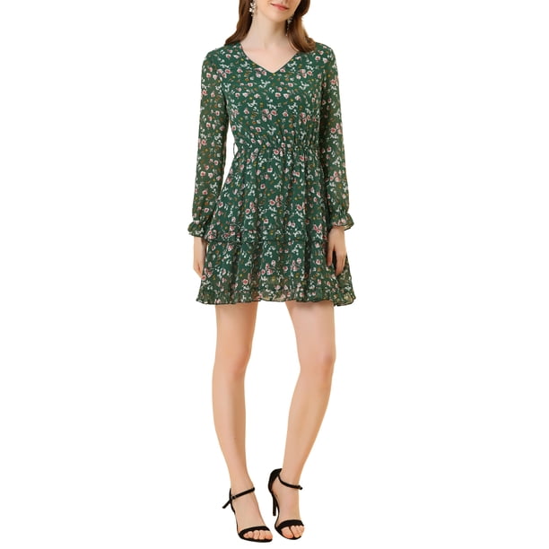 Vestido floral de manga larga con cintura elástica y dobladillo con volantes INSPIRE CHIC para mujer, con cinturón, XL, verde