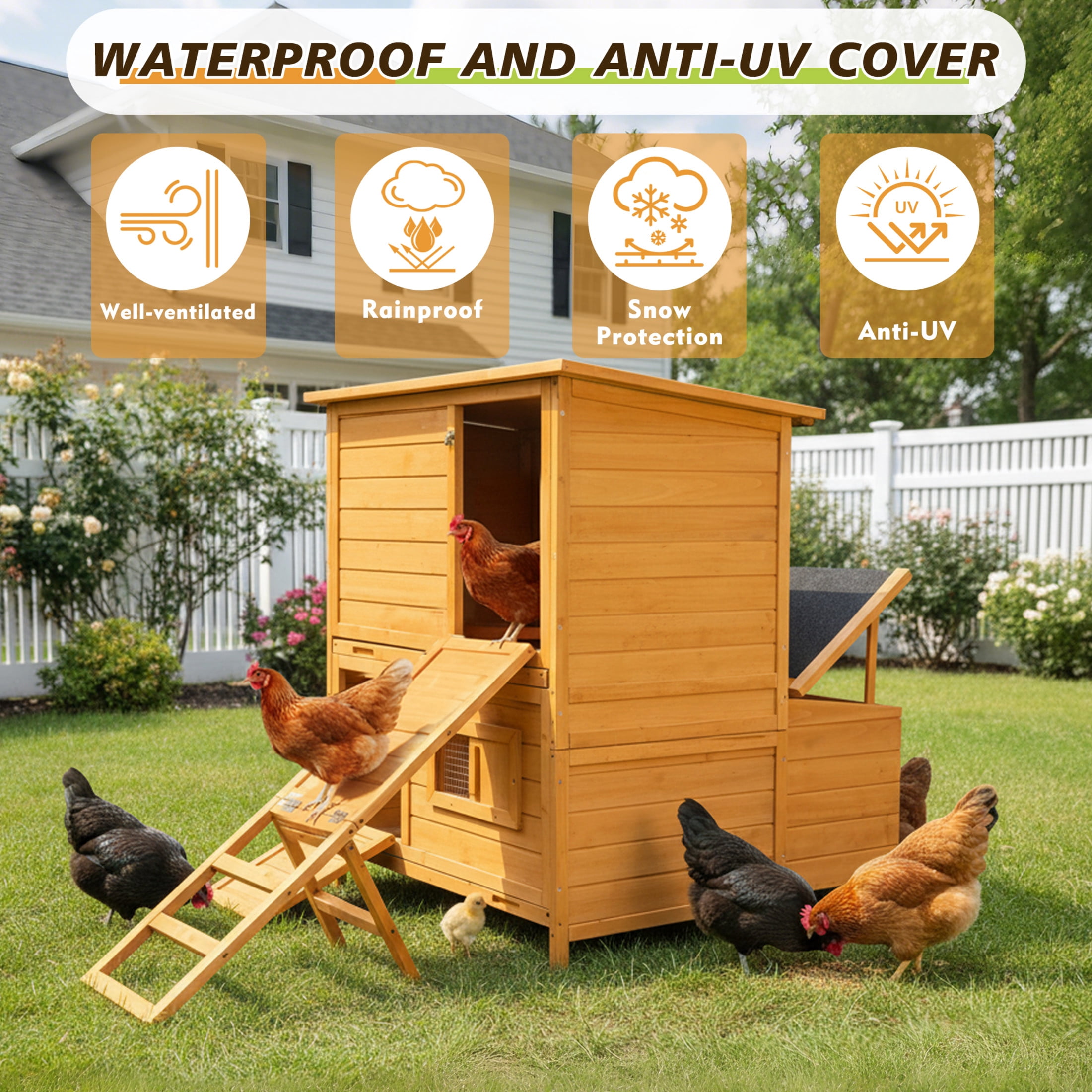 Noble House Wooden Chicken Coop for 6-8 Chickens with Nesting Boxes, Pull-Out Trays & Asphalt Roof