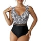 thumbnail image 1 of Traje de baño de una pieza con estampado de leopardo, sin mangas, con volantes, cuello en V, traje de baño de una pieza sin espalda a la moda para mujer, blanco M, 1 of 8