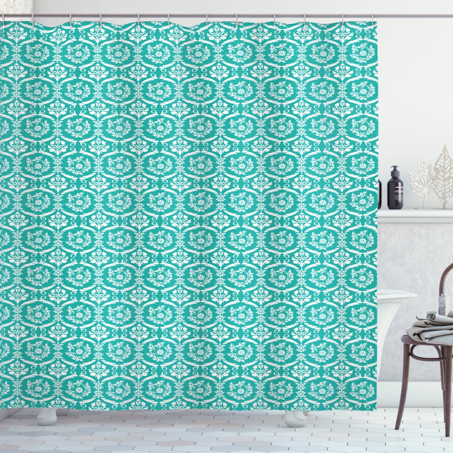 White Damask Shower Curtain, Print of Continuing Flower Wreath Like
