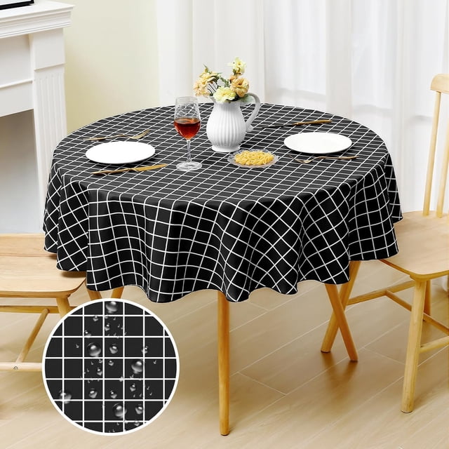 Round Waterproof Fabric Table Cloth, Plaid Stain Resistant Polyester Tablecloth, Washable Cloth Table Cover for Fall Halloween Decor, Dining Room, Outdoor (60" Round, Black)
