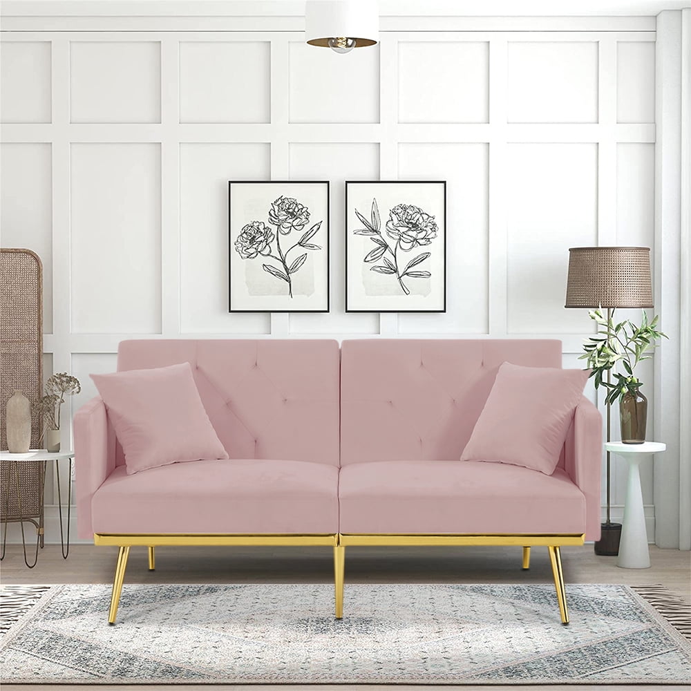 Pink Velvet Futon Couch, Folding Sleeper Sofa, Sofa Couch Bed with 2 ...