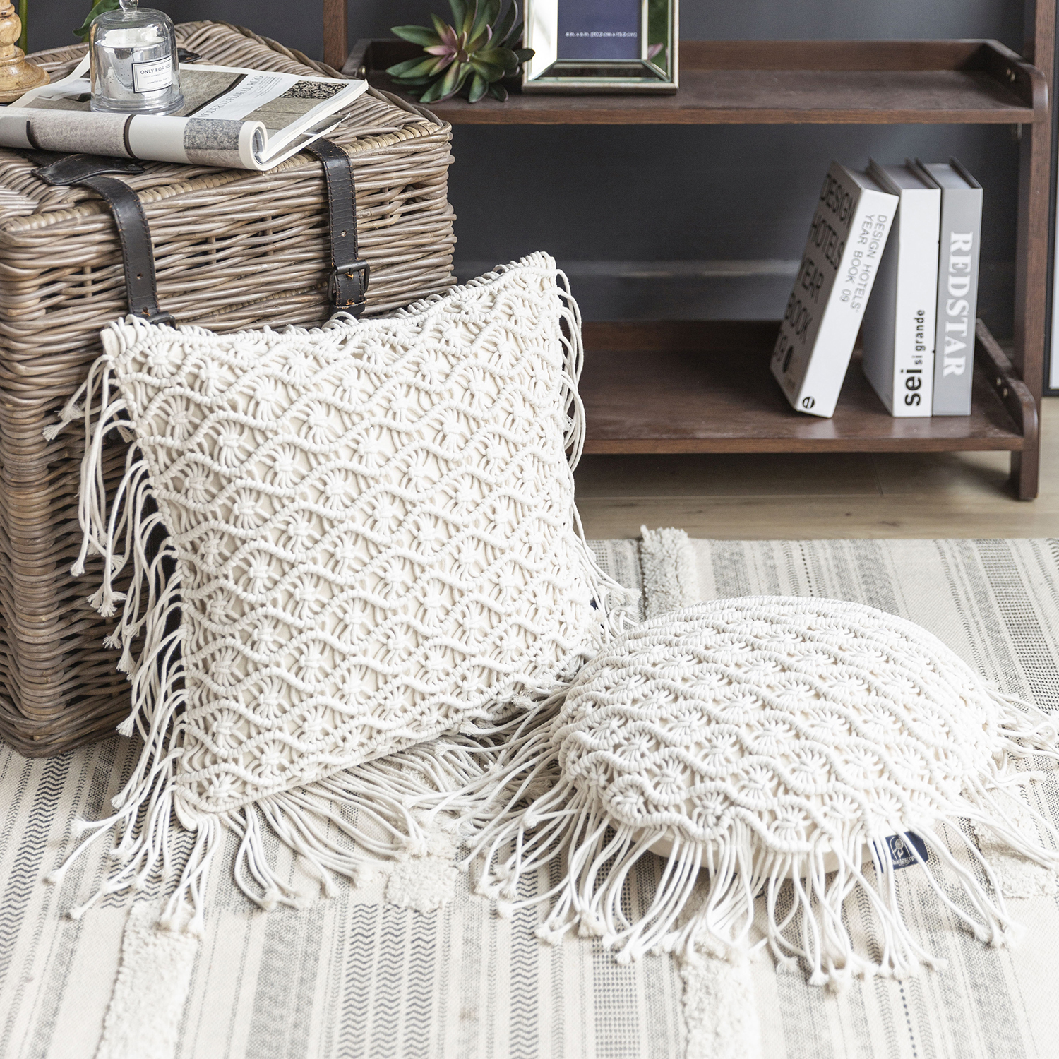 Phantoscope 100% Cotton Handmade Crochet Woven Boho with Tassels Series Decorative Throw Pillow, 16" x 16" Round, Off White, 1 Pack