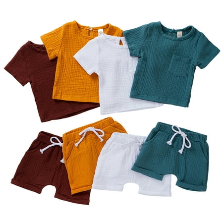 

FLMEI Newborn Baby Boys 2PCS Summer Outfit Short Sleeve Cotton T Shirt Tops Elastic Waist Shorts Toddler Cute Solid Colour Causal Set 0-4 Years