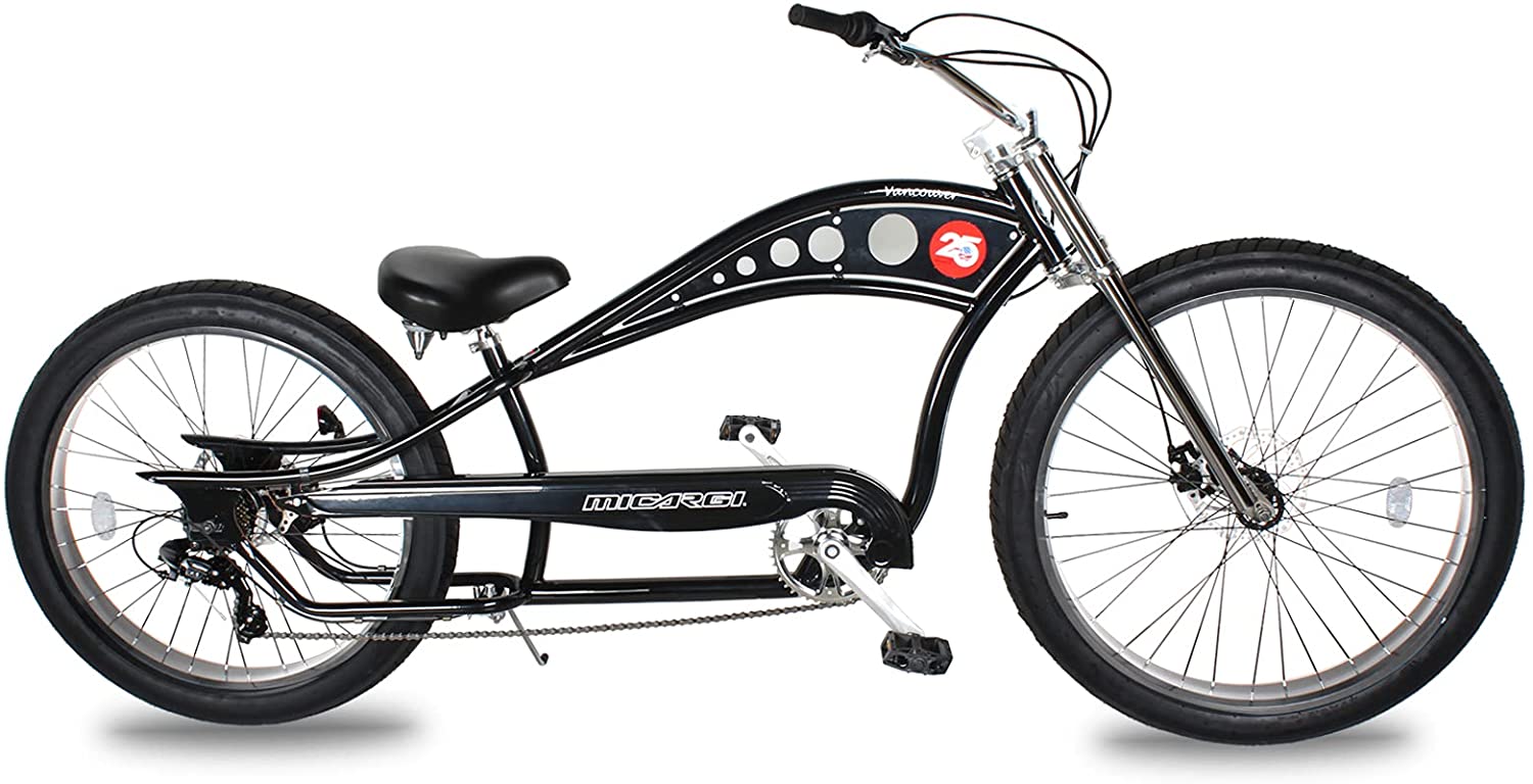 WonderWheels 26" Stretch Cruiser Shimano TX-35 7SP with Disc Brake (F&R) Moon-Type Handlebar, Alloy Polish Rims, 26x4.0 Black Tire - Black