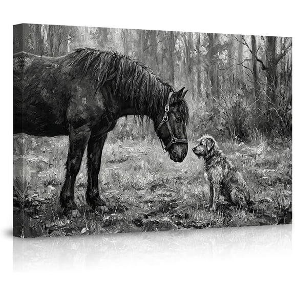 Horse and Dog Forest Encounter Wall Art Canvas Prints,Rural Animal Decor for Bedroom Living Room,Black and White Painting Style Poster Artwork Decor--