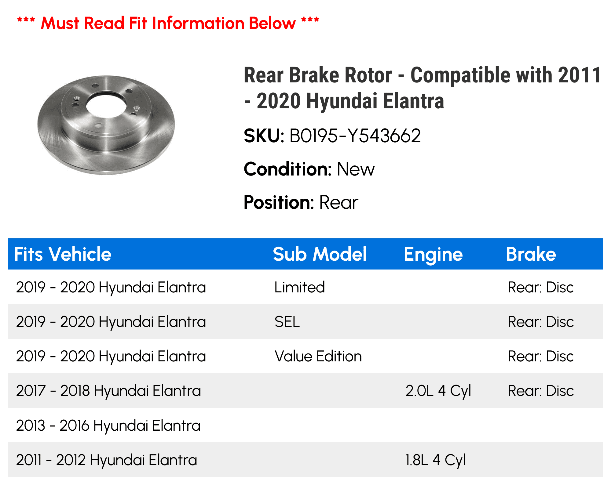 Rear Brake Rotor - Compatible with 2011 - 2020 Hyundai Elantra 2012 2013 2014 2015 2016 2017 2018 2019