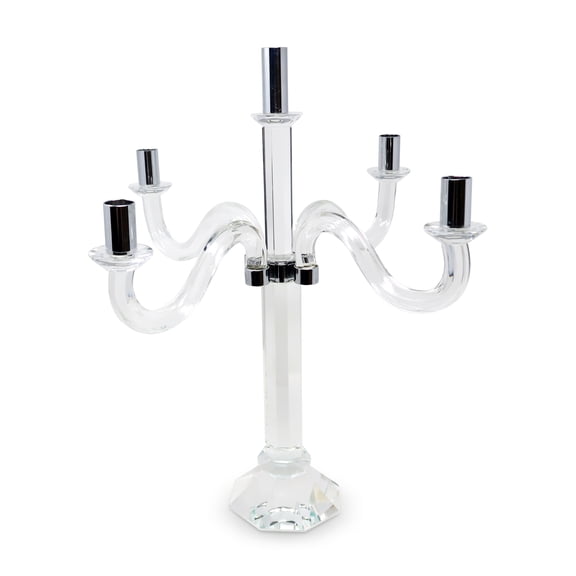 HomeRoots 590248 20 in. Clear & Silver Crystal Tabletop Candelabra Candle Holder