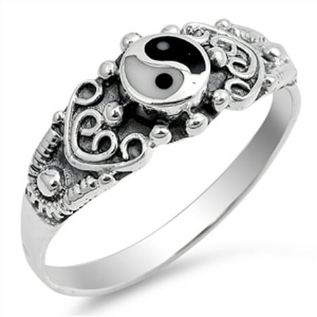 Silver Black Heart Ring - Sterling Silver Women's Simulated Black Onyx Heart Ying Yang Ring (Sizes 4-10) (Ring Size 6)