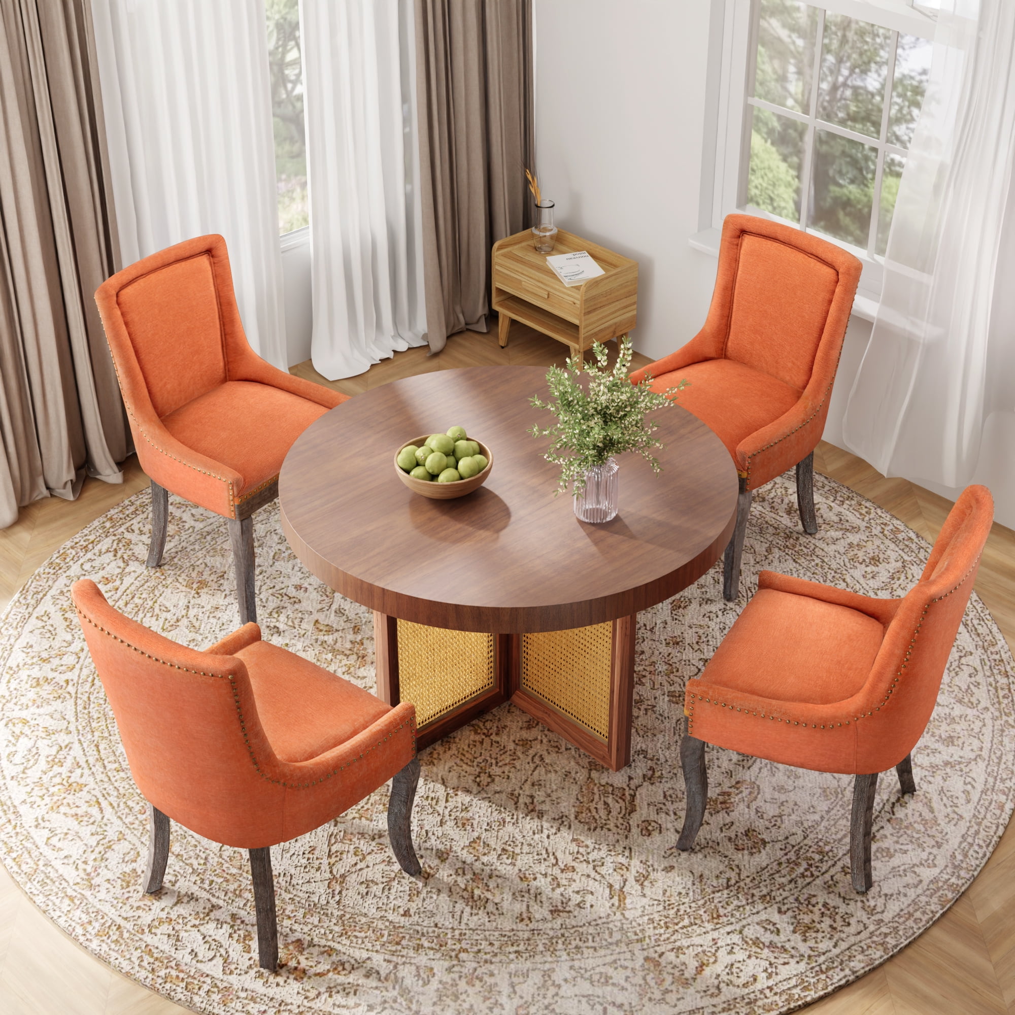 DONICK Vintage Fabric Upholstered Dining Chairs,Solid Wood Kitchen Dining Room Chairs with Nailheads Solid Wood Legs (Orange,Set of 6)