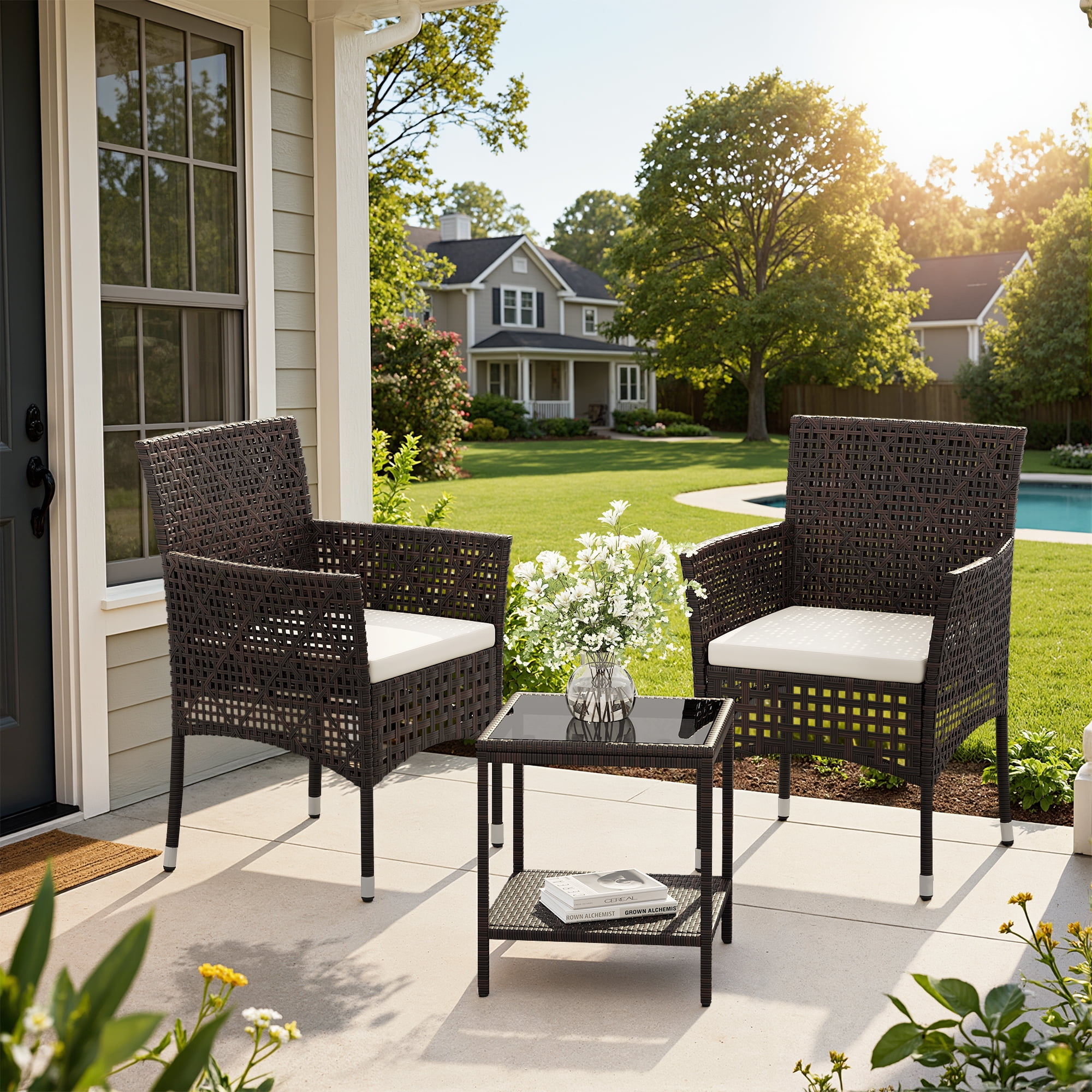 Lacoo 3 Pieces Outdoor conversation Set Rattan Patio Furniture Bistro Chat Chairs Set of 2 with Table for Garden Porch, Brown
