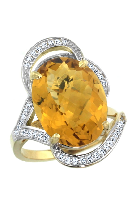 14k Yellow Gold Natural Whisky Quartz Ring Diamond Accent Oval 16x12mm, size 9.5