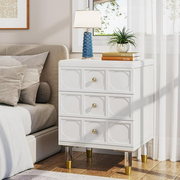 3-Drawer Nightstand Tall White and Gold Bedside Table with Drawers