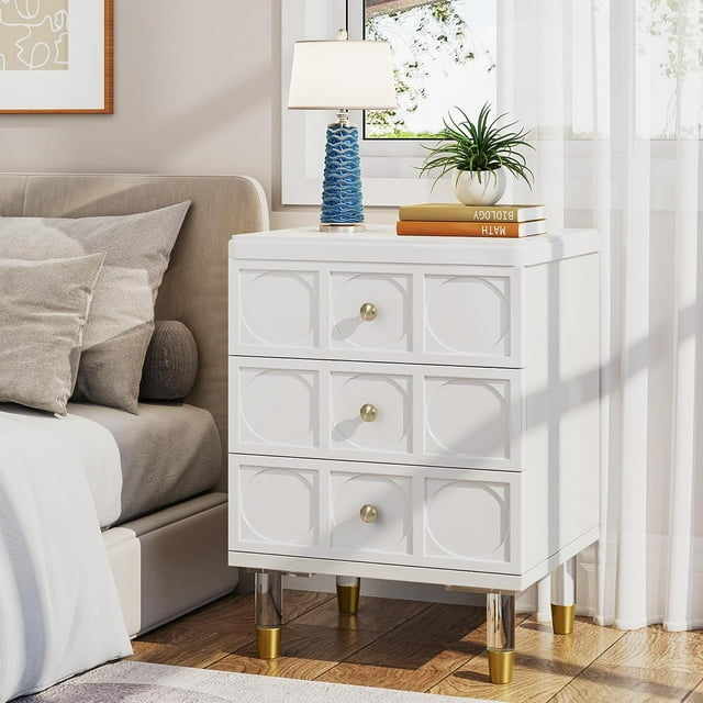 3Drawer Nightstand Tall White and Gold Bedside Table with Drawers
