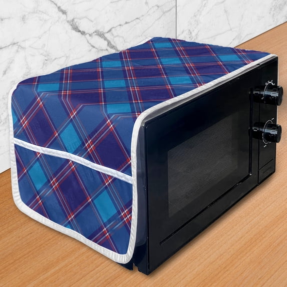 Navy Plaid Microwave Oven Cover, Traditional Squares Lines Overlapping Fashion Pattern, Water Resistant Organizer with Pockets for Kitchen, 36" x 12", Dark Indigo Sea Blue, by Ambesonne