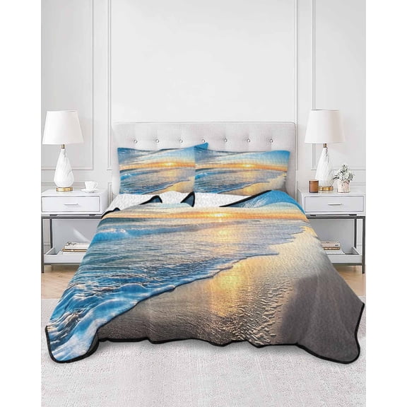 Quilts Queen Size, Sunset Beach Soft Comforter Bedding Set for Bed, Spray Ocean Waves Sky Nature Scenery Lightweight Quilted Bedspread with Pillow Cover(2 Pieces) for All Season, 90x96 Inch
