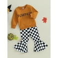 thumbnail image 3 of Musuos Toddler Girls Halloween Outfits 6 12 18 24M 3 4Y Letter Print Long Sleeve Sweatshirt and Checkerboard Print Flare Pants Set Cute Clothes, 3 of 9