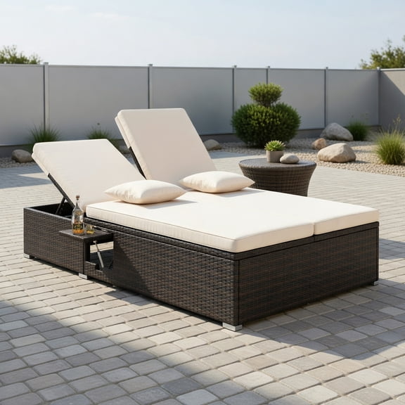 GVN Chaise Lounge Outdoor, Lounge Chair Outdoor,Patio Double Chaise Lounge with Cushions and Folding Side Trays-Beige
