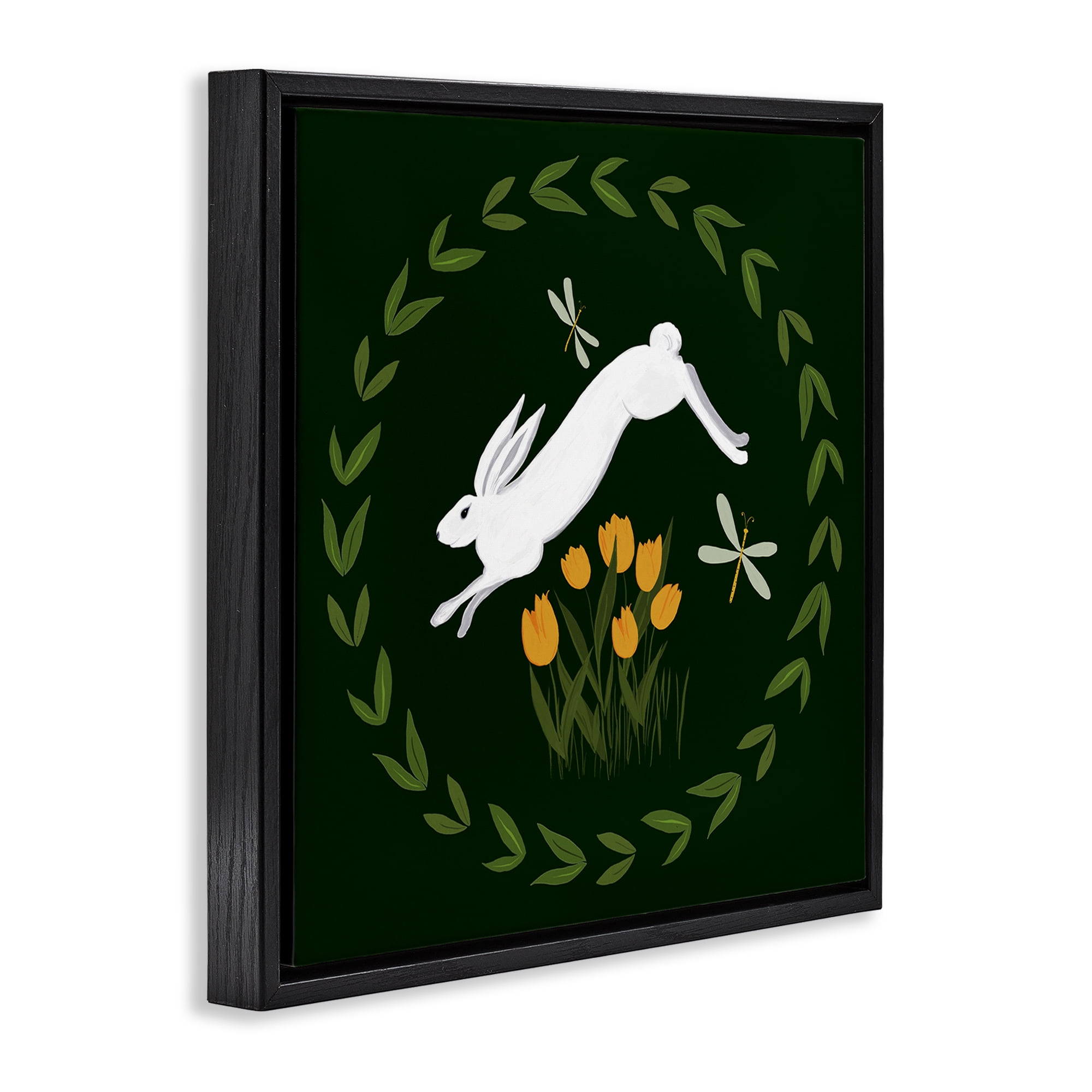 Stupell Industries Bunny Hopping in Wreath Animals Painting Black Floater Framed Canvas Art Print Wall Art, 18 x 18