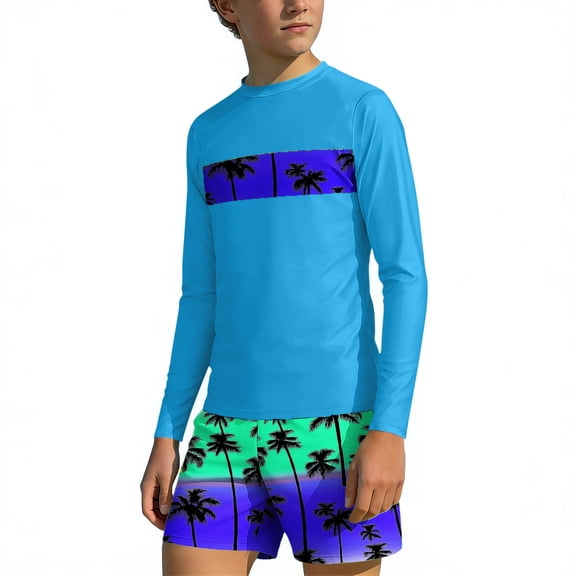 Ahabrexf Boys Long Sleeve Skin-Guard Swim Shirt and Shorts Set Upf 50 Hawaiian Beach Surf Swimsuit 2 Pc for Kids 3-14 Years