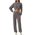 thumbnail image 2 of YOIAVAIOY Women 2 Piece Outfits Solid Casual Sweatsuit Set Twist Front Cropped Top Wide Leg Pants Lounge Tracksuit Sets Y2K Streetwear Gray M, 2 of 9