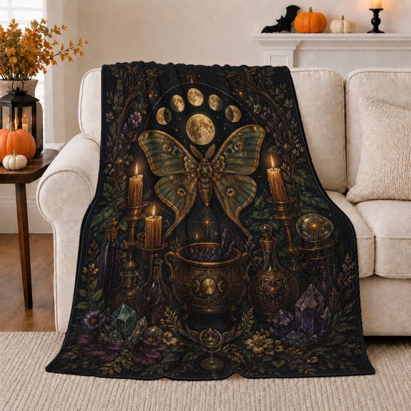 Mystical Moth Cauldron Celestial Fantasy Art, Cozy Friendship Quote Scene, Warm Flannel Blanket for Living Room and Reading Nook, Art Lovers Friendship Gift, Fantasy Home Decor