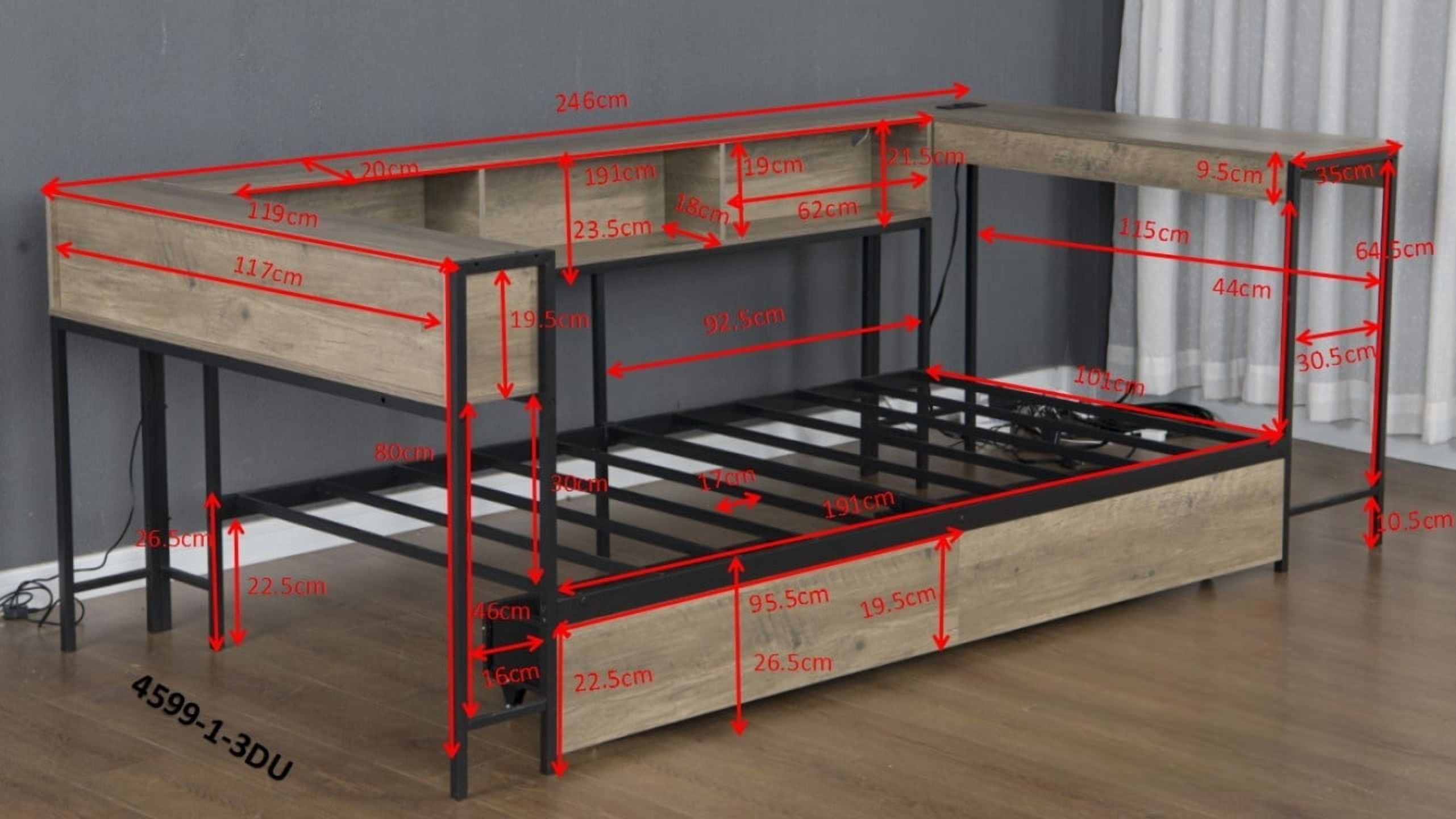 Yoneston Twin Corner Bed Frame with Bookcase Storage and Lights & Charging, Reversible Daybed with 2 Drawers & Integrated Desk for Bedroom, Grey