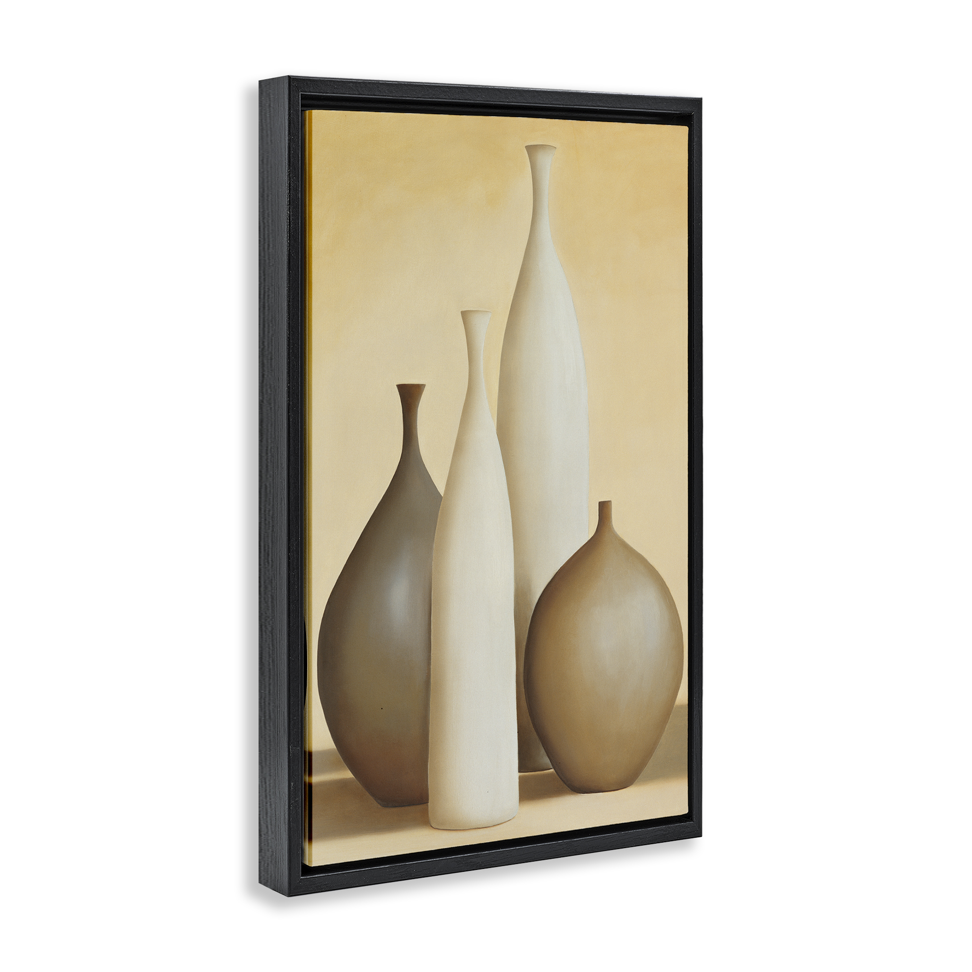 Stupell Industries Neutral Pottery Bottles Furniture Painting Black Floater Framed Canvas Art Print Wall Art, 17 x 25