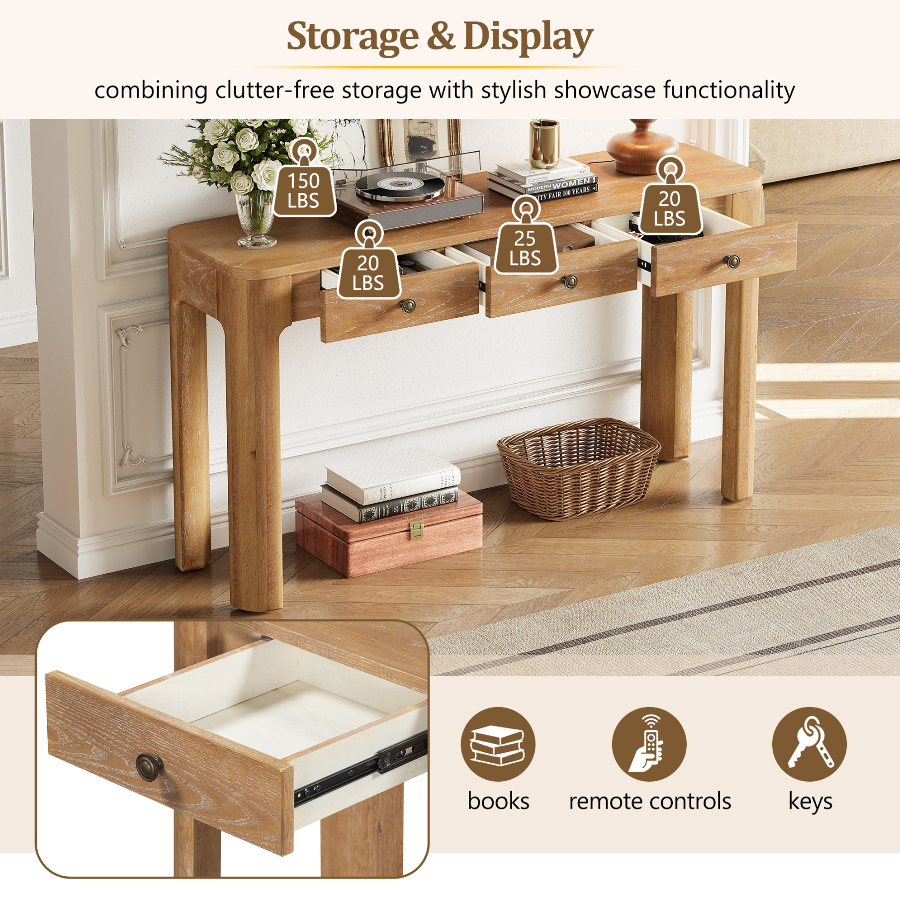 52'' Rustic Curved Console Table, Entryway Table with 3 Concealed Drawers, Sturdy Sofa Table with Thick Legs for Hallway & Living Room, Natural