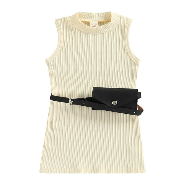 MesaSe Robe d'Été pour Filles, Couleur Unie, Col Rond, Sans Manches, Côtelée, une Pièce avec Ceinture et Sac, Ensemble Décontracté