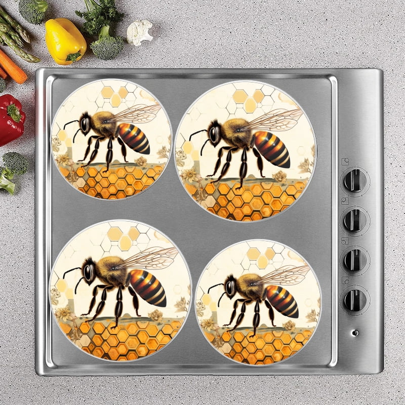 BaHomeck Electric Stove Burner Covers Set of 4,Round Metal Gas Stove Burner Covers 8 Inch and 10 Inch,Kitchen Decor,Honey Bee On The Surface Of Empty Beehive