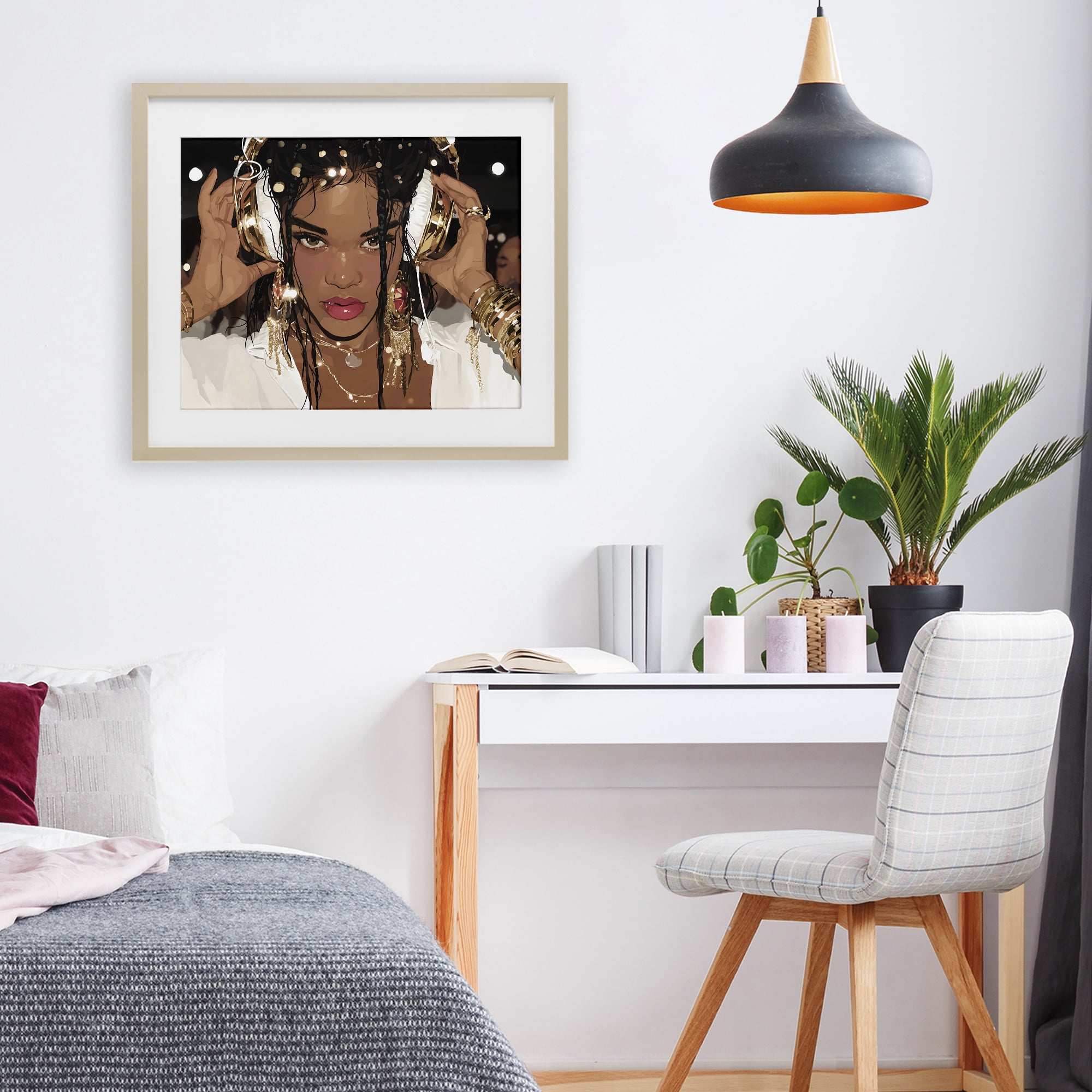 Stupell Industries Gold Headphones Glam Female Birch Framed Print Under Glass, design by Franklyn Gregory
