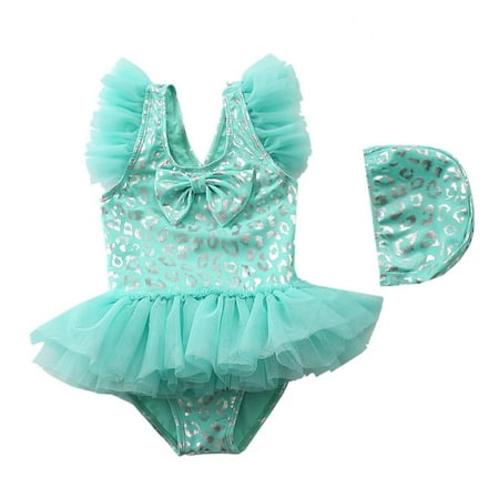 

Esho Toddler Girls Tulle Frill One Piece Swimsuits Bathing Suit with Swim Cap Baby Tutu Dress Swimwear 1-7T