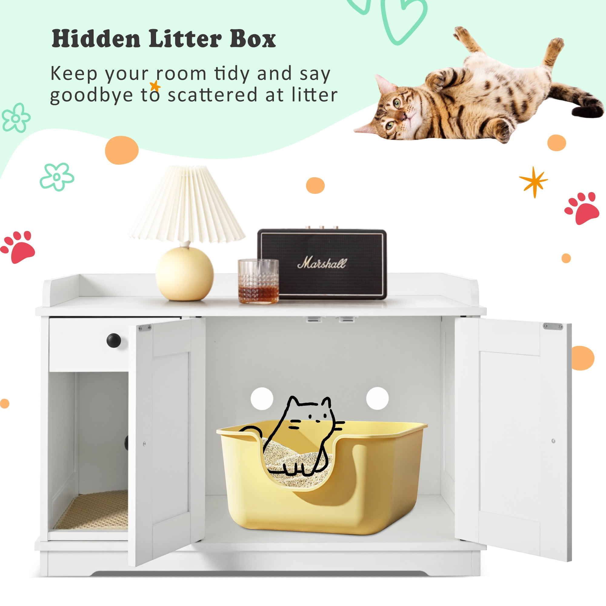 Euroco All-in-One Cat Litter Box Furniture with Drawer, Hidden Litter Box Enclosure, Winding Entrance, Storage Shelf, and Built-In Litter Mat