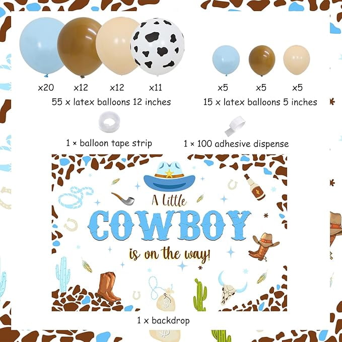 Cowboy Baby Shower Decorations for Boy, A Little Cowboy is on the Way Backdrop, Western Theme Baby Shower Decorations Blue Balloon Garland Arch Kit for Wild West Baby Shower