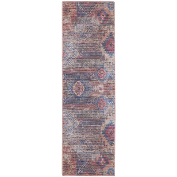 HomeRoots 533139 10 ft. Blue & Red Geometric Power Loom Distressed Washable Runner Rug