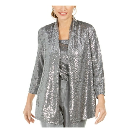 KASPER $74 Womens New Silver Open Front Sequined Wear To Work Jacket PS B+B