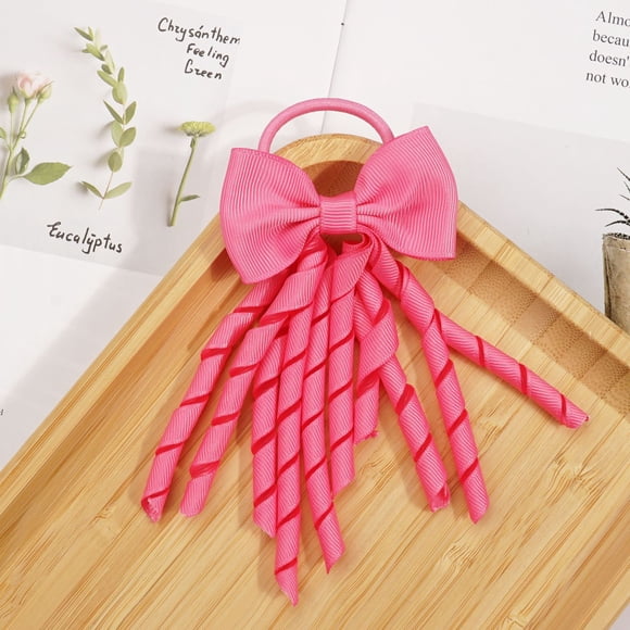 XmhyTop 2Pcs Baby Girls Curly Ribbons Hair Ties Bow Elastic Rubber Bands Grosgrain for Hair Elastic Colored Hair Bands Ponytail Holders for Toddlers Kids (Dark Pink)