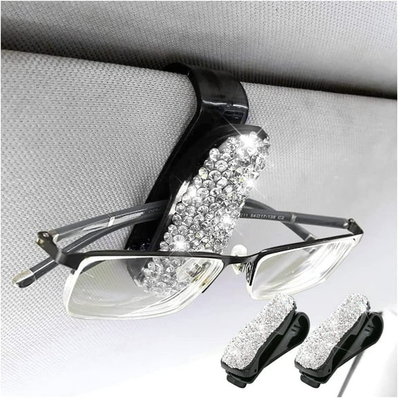 2 PCS Glasses Holders for Car Sun Visor, Fashion Bling Crystal Rhinestones Car Eyeglasses Sunglasses Hanger Mount with Ticket Card Clip for Women Girls (Silver)