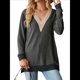 thumbnail image 2 of Blusas de Otoño para Mujer, con Escote en V, Encaje, Larga, Holgadas, con Ribete de Bloques de Color, Moda 2025 Gris Oscuro S, 2 of 10