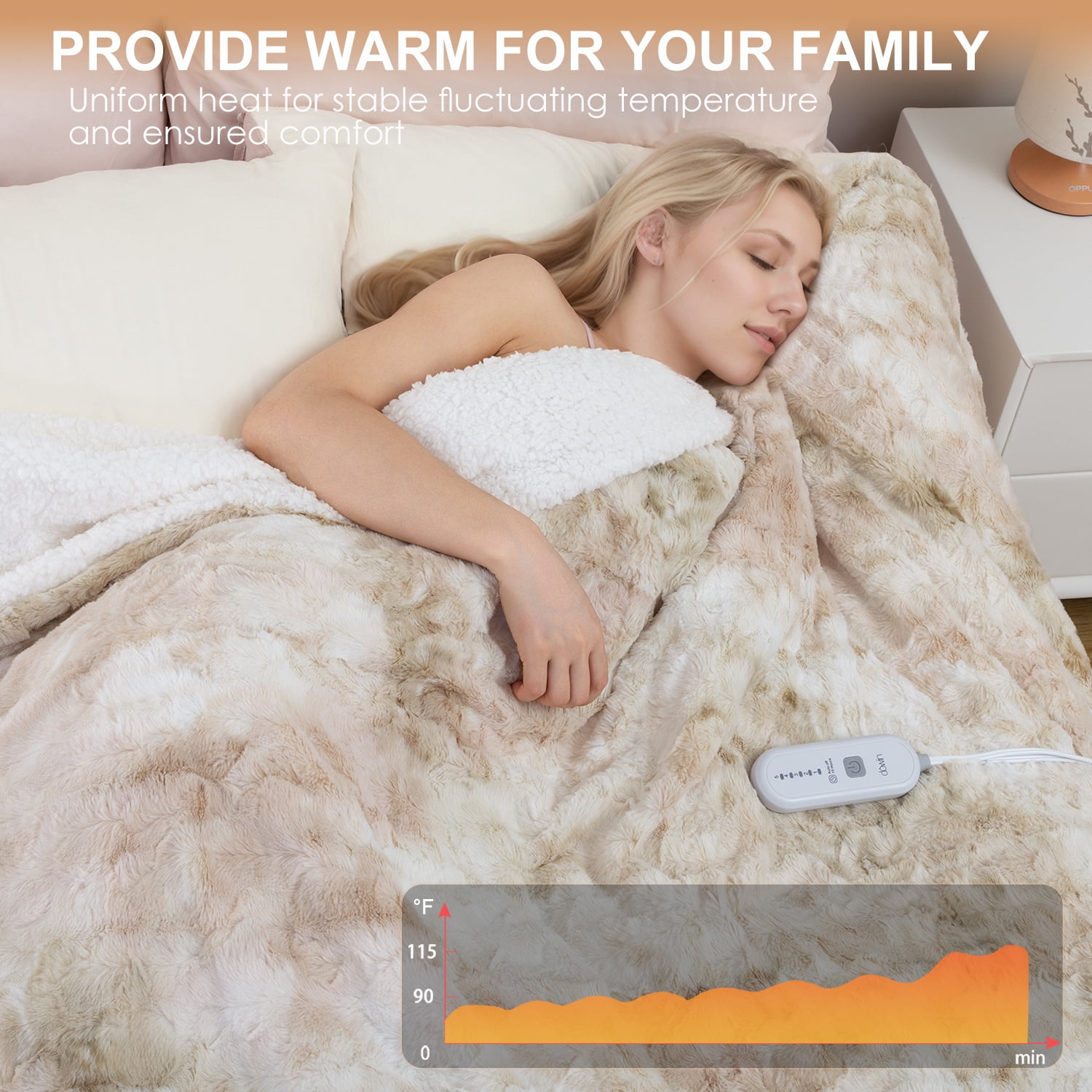 Dowin Faux Fur Electric Blanket Full Size, Tie Dye Heated Blanket 72" x 84" with Single Controller, 5 Heating Levels & 10 Hrs Auto-off,Machine Washable,Beige