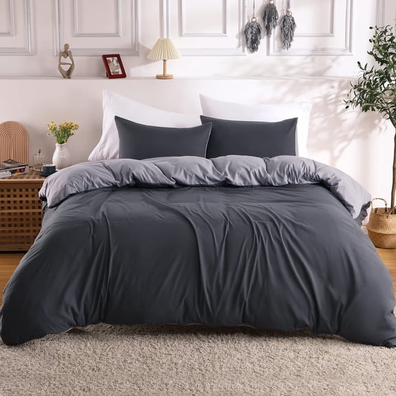 King Duvet Cover Set, Double Brushed Microfiber Duvet Cover Set 3 Pieces with Zipper Closure, Soft Duvet Cover for All Season Reversible Design, Charcoal/Silver Grey 104x90 Inches