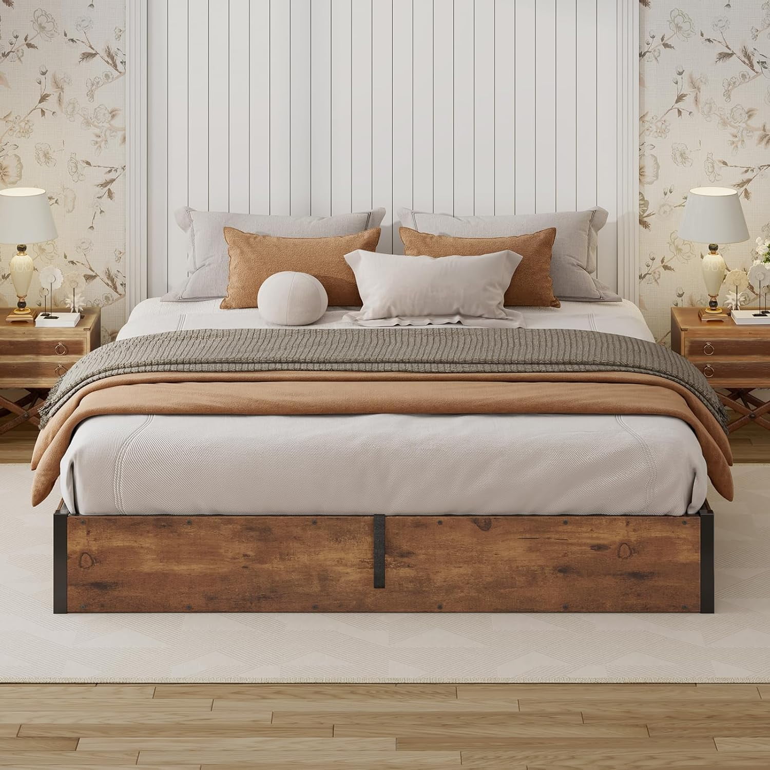 VanAcc King Size Lift Up Storage Platform Bed Frame, Metal Bed Frame with Wooden Slats Support, Large Storage Space, Easy Assembly, Rustic Brown