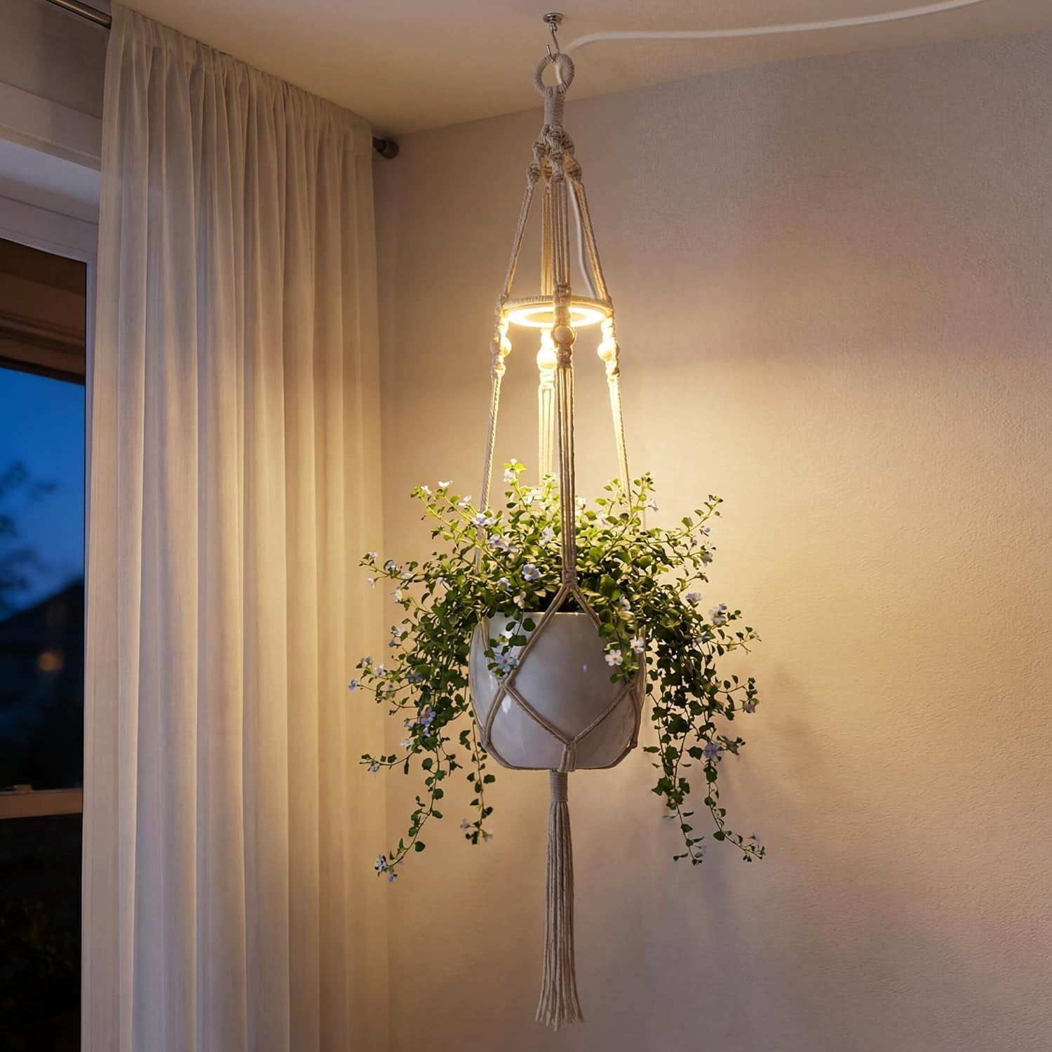 Hanging Grow Light Planter, Full Spectrum LED Plant Light for Indoor Plants, Macrame Hanging Plant Holder with Grow Lamp, Hanging Planter for Indoor Plants with Grow Light for Home Decor, Balcony, Li