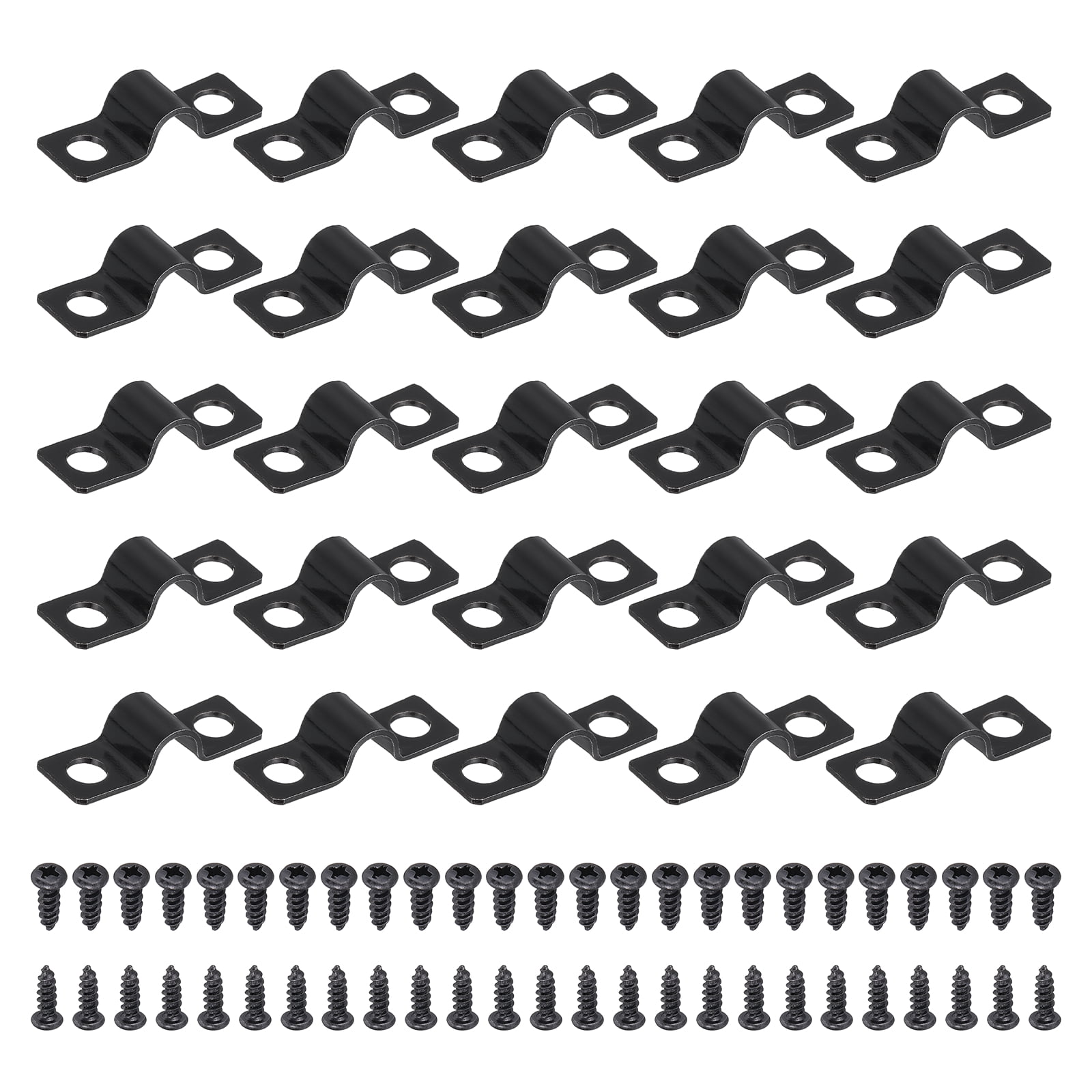 Uxcell 50Pcs 6mm(1/4 ) Two Hole Pipe Strap Rigid U Brackets Conduit Clamp Heavy Duty Carbon Steel Pipe Strap Clip with Self-Tapping Screws for Fixing Tube Cable Wire Cord Black