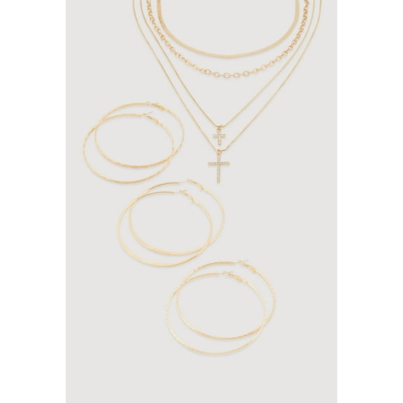 Women's Cross Layered Necklace with Hoop Earring Trio