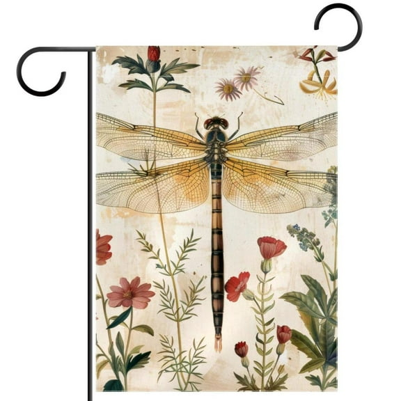 Vintage Dragonflies Wildflowers Floral Herbs Double Sided Garden Flag Decorative Weather Resistant Yard Flag, Large DIY Vertical Flag for Farmhouse Patio Lawn, 28x40 Inch