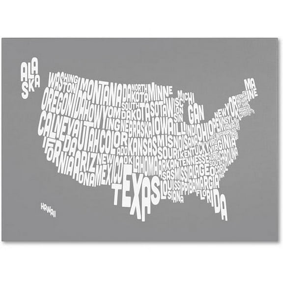Trademark Art 'GREY-USA States Text Map' Canvas Art by Michael Tompsett